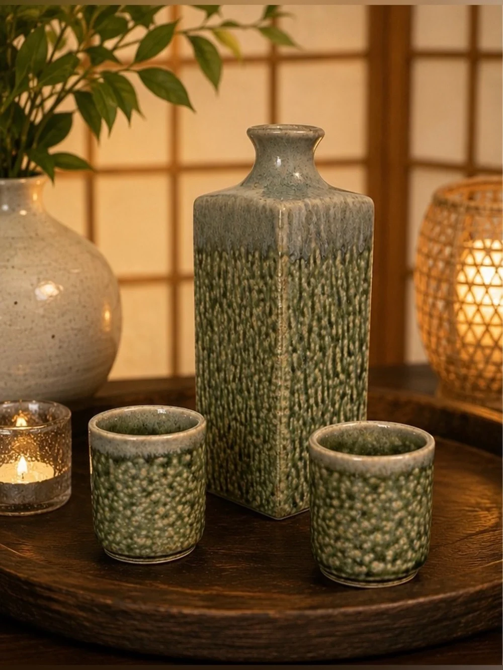 Vintage Japanese Stoneware Sake Set 3 Pc Green Glazed Decanter Cups Japan